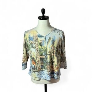 Alia Petite M Scenic European Cafe Print V-Neck 3/4 Sleeve Whimsical Cotton Top